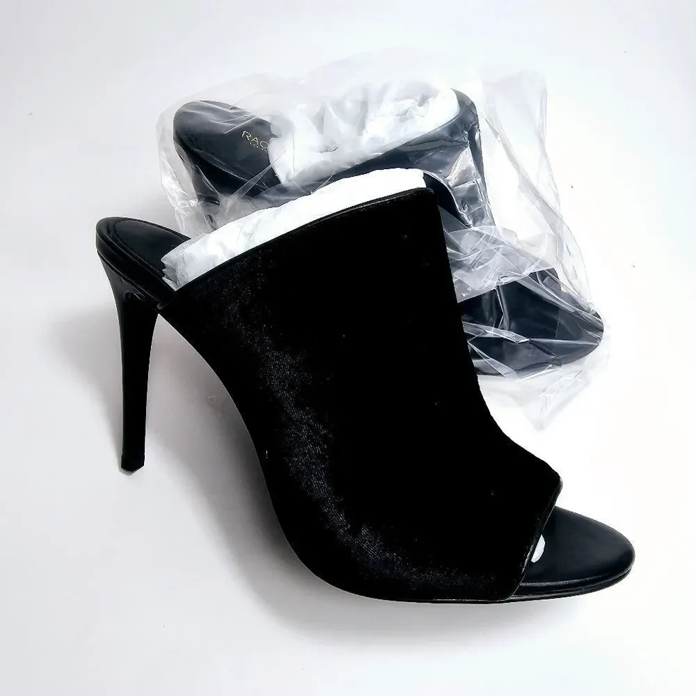 Rachel Zoe Marlene Black Velvet Mules Black Peep Toe Stiletto Heel Sandal Size 7